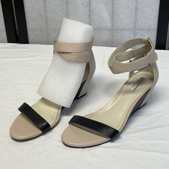 BCBGeneration Low Wedge Ankle Wrap Strap Leather Upper Vivian Sandal Blush Black - Picture 4 of 12